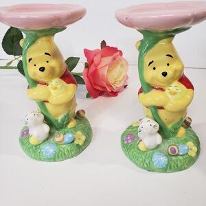 CUTE Disney Store Ceramic Winnie the Pooh Pink Candle Holders Nursery Decor